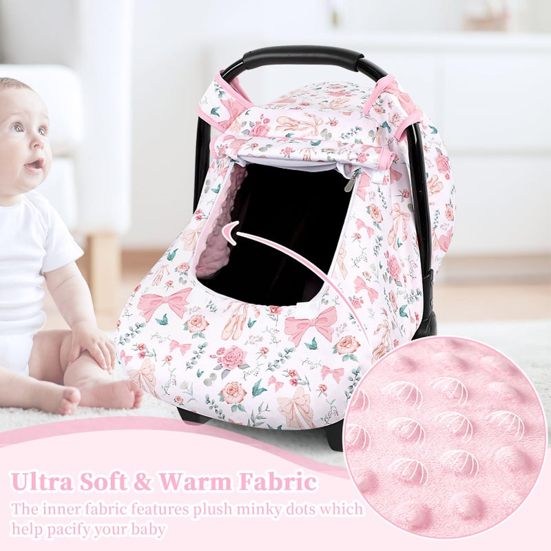 GFU Baby Car Seat Cover Winter, Windproof Carseat Covers for Newborn with 2 Layers Window, Pink Flowers Infant Car Seat Canopy for Girls with Minky Dot Backing, Keeps Babies Warm and Cozy - Image 2