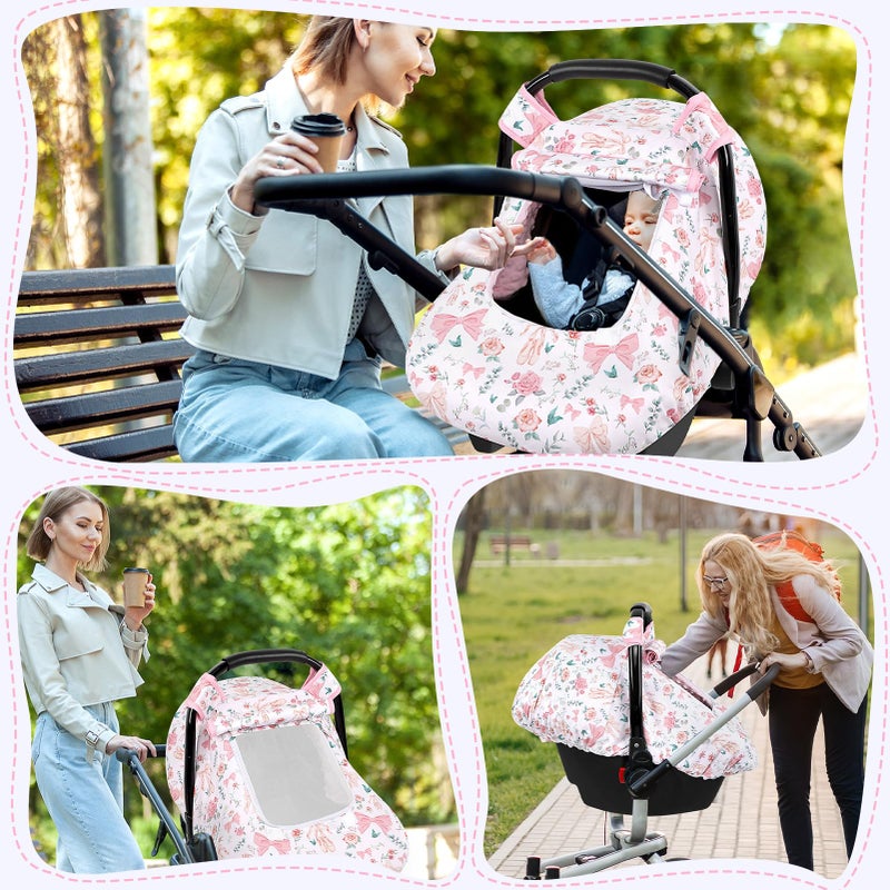 GFU Baby Car Seat Cover Winter, Windproof Carseat Covers for Newborn with 2 Layers Window, Pink Flowers Infant Car Seat Canopy for Girls with Minky Dot Backing, Keeps Babies Warm and Cozy - Image 3