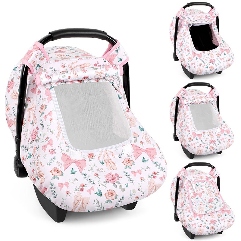 GFU Baby Car Seat Cover Winter, Windproof Carseat Covers for Newborn with 2 Layers Window, Pink Flowers Infant Car Seat Canopy for Girls with Minky Dot Backing, Keeps Babies Warm and Cozy - Image 1
