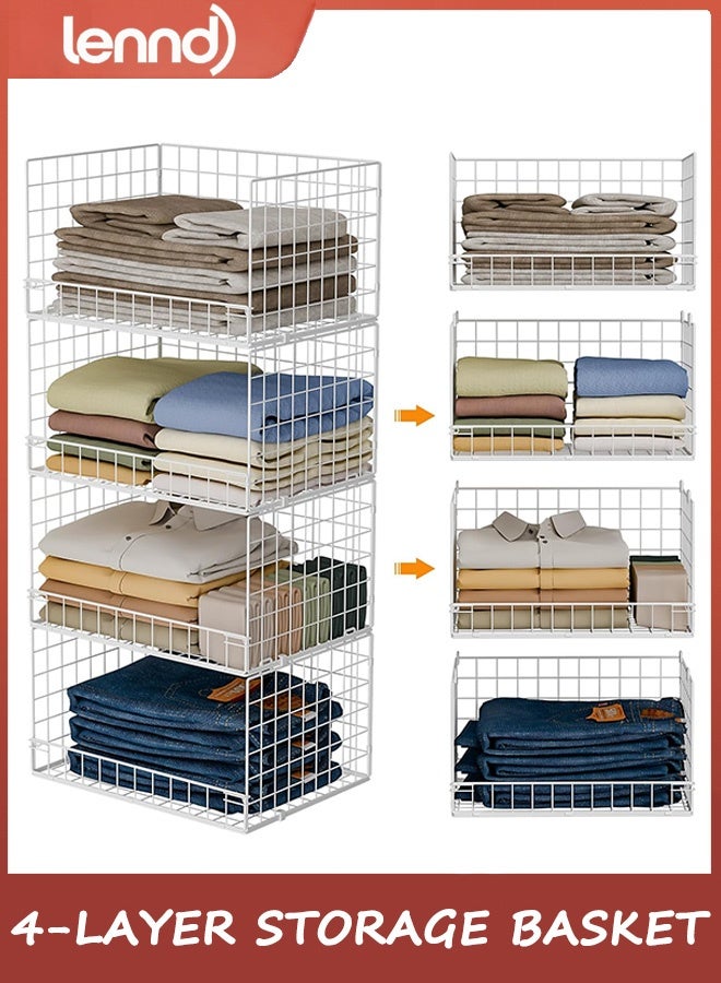 LENND 4-Tier Stackable Closet Organizers and Storage Basket, Foldable Closet Shelf Organizer System, Space-Saving Clothes Storage Drawer Organizer for Wardrobe - Image 1