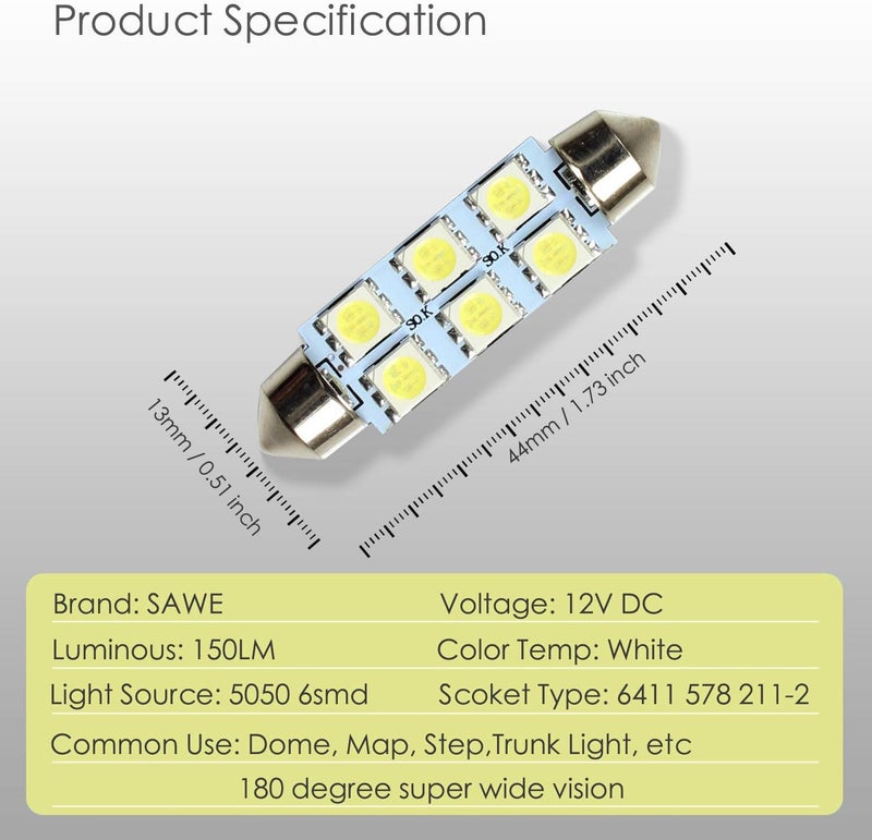 SAWE 44MM 6-SMD 5050 Festoon LED Light Bulbs (10 Pack) - Image 2