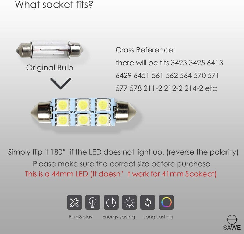 SAWE 44MM 6-SMD 5050 Festoon LED Light Bulbs (10 Pack) - Image 3