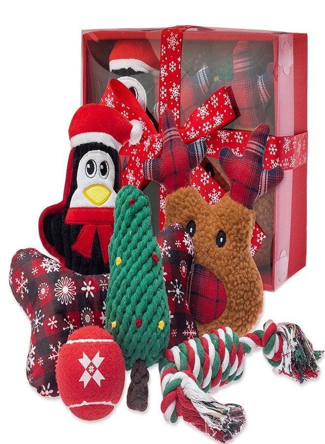 IPRAVOCI Christmas Dog Toys, 6 Pack Interactive Dog Squeaky Plush Toy & Rope Chew Toy & Red Tennis Ball, Holiday Pet Toys for Small, Medium & Large Dogs - Image 1