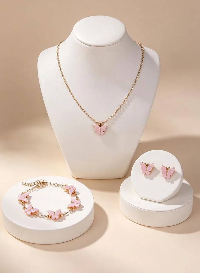 Girls Pink Butterfly Charm Necklace, Bracelet and Earrings Set