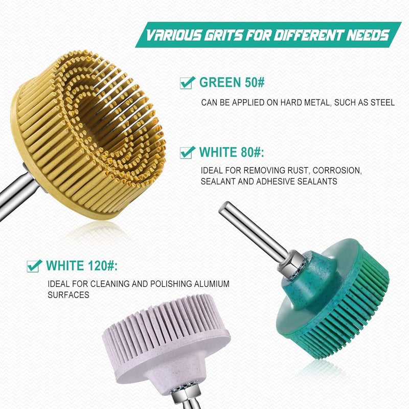 Zhehao Zhehao 12 Pieces 2 Inch Bristle Disc Grits 120 80 50 Abrasive Bristle Disk with 14 Inch Shank Attachment White Green Yellow Gasket Coating Removal Disc for Metal  - Image 3