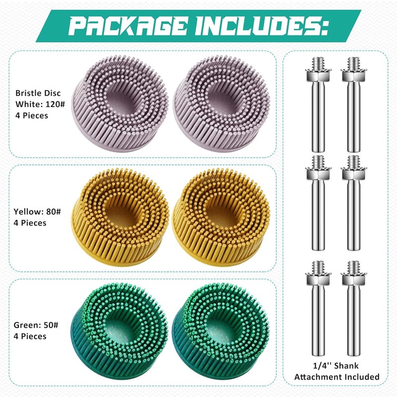 Zhehao Zhehao 12 Pieces 2 Inch Bristle Disc Grits 120 80 50 Abrasive Bristle Disk with 14 Inch Shank Attachment White Green Yellow Gasket Coating Removal Disc for Metal  - Image 2