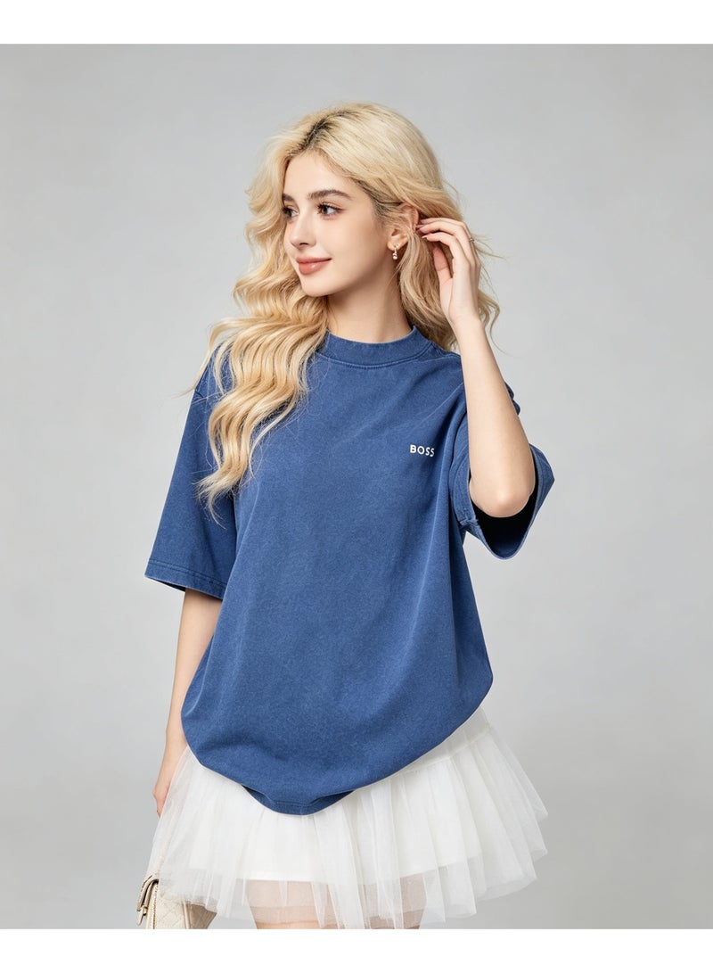 BOSS Unisex Men's Women's Crew Neck Short Sleeve Casual T-Shirt Loose Fit Washed Blue - Image 3