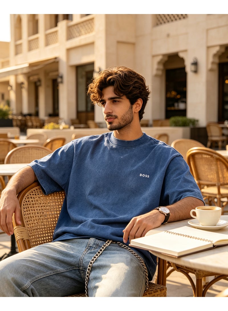 BOSS Unisex Men's Women's Crew Neck Short Sleeve Casual T-Shirt Loose Fit Washed Blue - Image 4