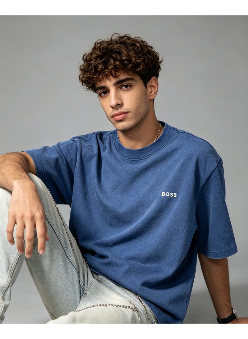 BOSS Unisex Men's Women's Crew Neck Short Sleeve Casual T-Shirt Loose Fit Washed Blue - Image 1