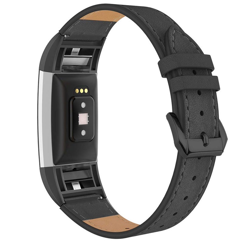 سيمبيك Simpeak Leather Band متوافق مع Fitbit Charge 2 استبدال حزام معصم من الجلد الأصلي لـ Fitbit Charge 2 Black Band+Black Adapter - Image 1