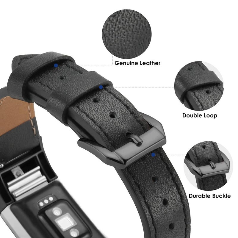 سيمبيك Simpeak Leather Band متوافق مع Fitbit Charge 2 استبدال حزام معصم من الجلد الأصلي لـ Fitbit Charge 2 Black Band+Black Adapter - Image 3