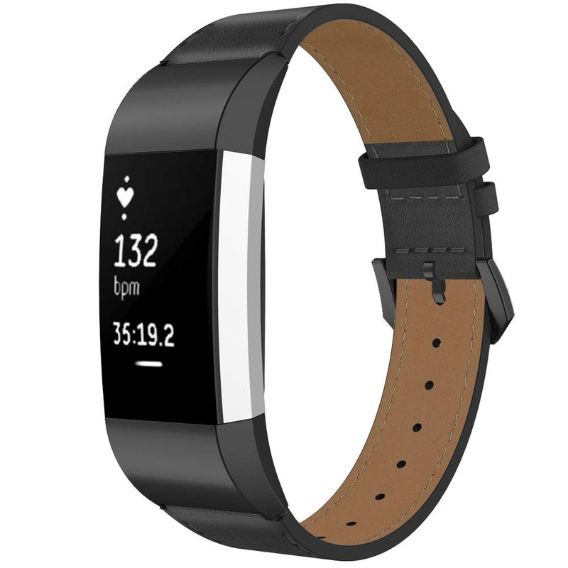 سيمبيك Simpeak Leather Band متوافق مع Fitbit Charge 2 استبدال حزام معصم من الجلد الأصلي لـ Fitbit Charge 2 Black Band+Black Adapter - Image 2