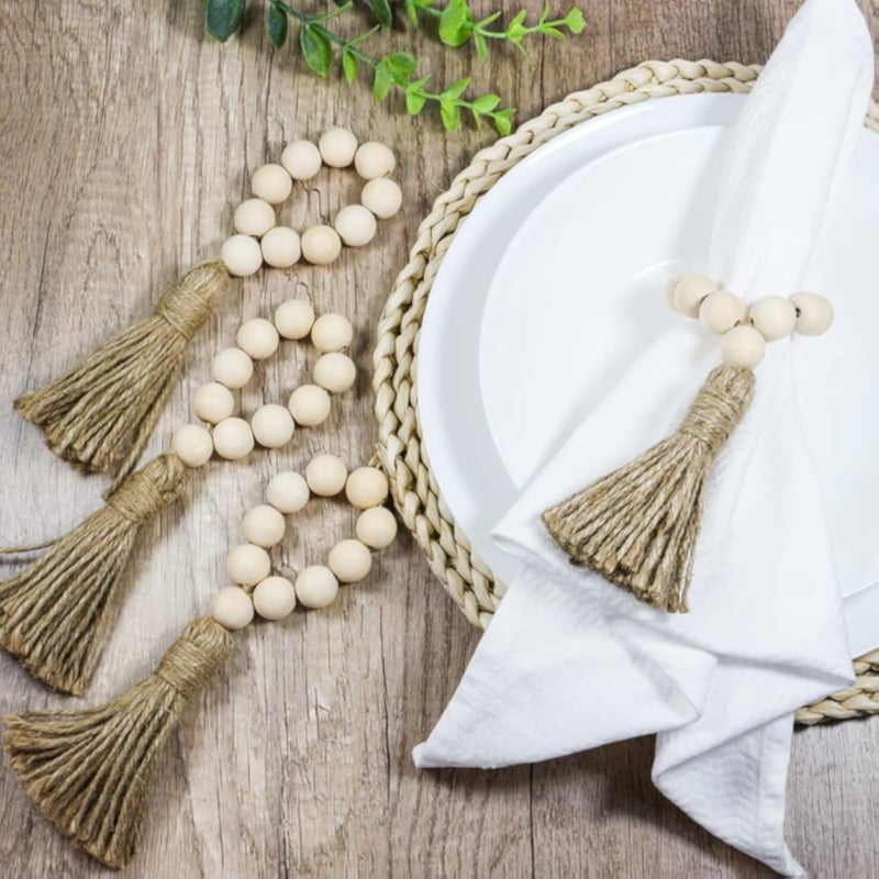 Sivya Wood Bead Napkin Rings with Tassels, Rustic Farmhouse Natural Napkin Ring Table Setting Wedding Party Decor (Natural, 6)