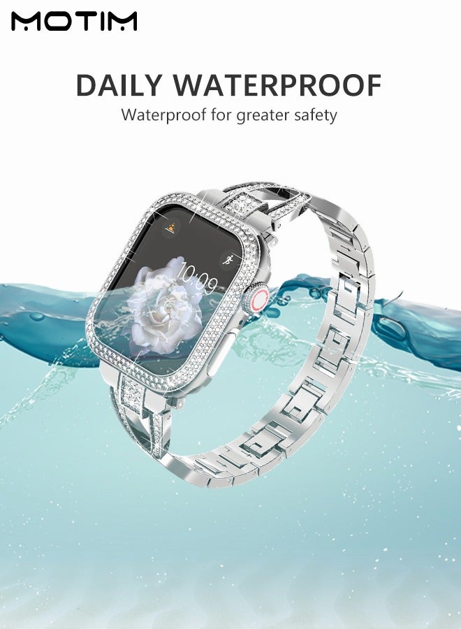 Motim Stainless Steel Band with Case for Apple Watch 42mm, Women iWatch Replacement Strap Band, Diamond Rhinestone Bling Dressy Bangle Bracelet SE/Series 1-8  - Image 4