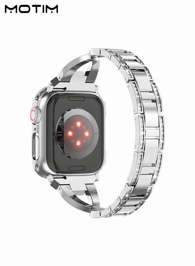 Motim Stainless Steel Band with Case for Apple Watch 42mm, Women iWatch Replacement Strap Band, Diamond Rhinestone Bling Dressy Bangle Bracelet SE/Series 1-8  - Image 2