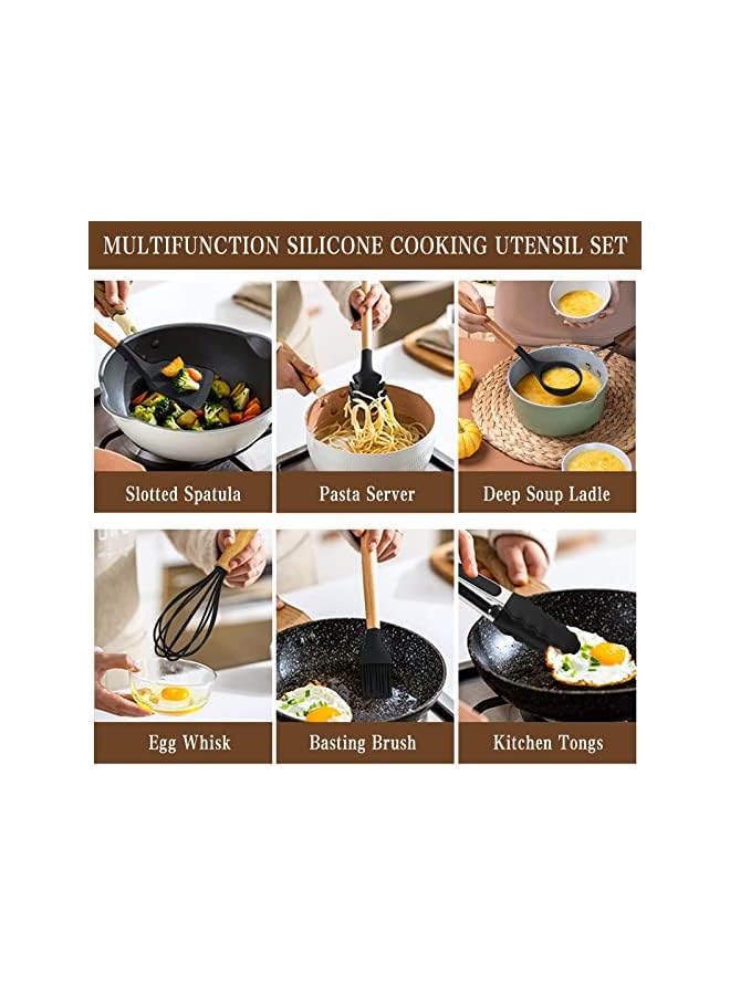 PROMASS Cooking Utensils Set, 36 pcs Non-Stick Silicone Cooking Kitchen Utensils Spatula Set with Holder, Wooden Handle Silicone Kitchen Heat Resistant Gadgets Utensil Set (Black) - Image 3