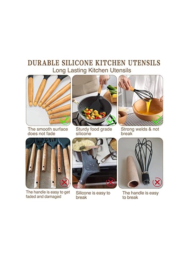 PROMASS Cooking Utensils Set, 36 pcs Non-Stick Silicone Cooking Kitchen Utensils Spatula Set with Holder, Wooden Handle Silicone Kitchen Heat Resistant Gadgets Utensil Set (Black) - Image 2