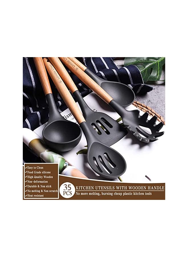 PROMASS Cooking Utensils Set, 36 pcs Non-Stick Silicone Cooking Kitchen Utensils Spatula Set with Holder, Wooden Handle Silicone Kitchen Heat Resistant Gadgets Utensil Set (Black) - Image 5