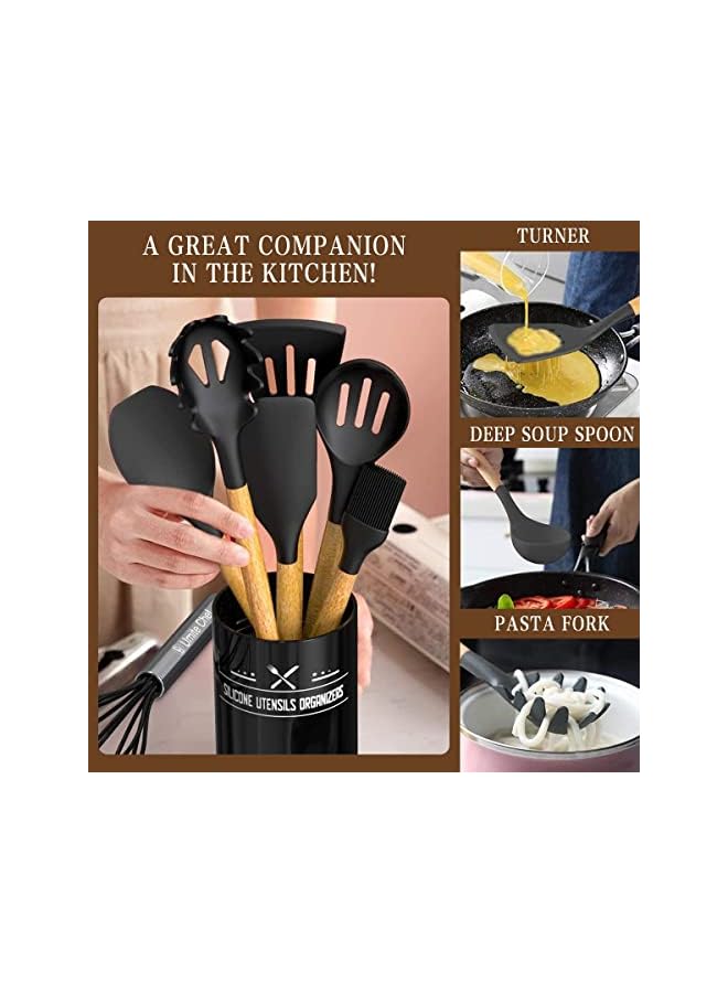 PROMASS Cooking Utensils Set, 36 pcs Non-Stick Silicone Cooking Kitchen Utensils Spatula Set with Holder, Wooden Handle Silicone Kitchen Heat Resistant Gadgets Utensil Set (Black) - Image 4