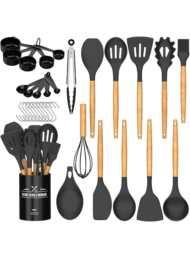 PROMASS Cooking Utensils Set, 36 pcs Non-Stick Silicone Cooking Kitchen Utensils Spatula Set with Holder, Wooden Handle Silicone Kitchen Heat Resistant Gadgets Utensil Set (Black) - Image 1