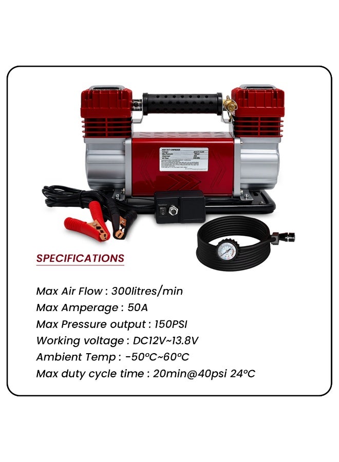 Roca Heavy Duty Dual Cylinder Car Air Compressor 150 PSI, 300 LPM | 12V Portable Tire Inflator Pump with Gauge, 50A Battery Clamps, 5m Hose, Fast Inflation for Car, SUV, 4x4, Truck, Van, Bikes, Rafts, Sports Equipment + Carry Bag - Image 3