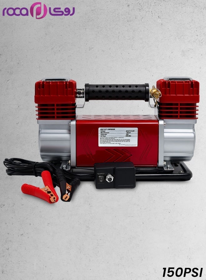 Roca Heavy Duty Dual Cylinder Car Air Compressor 150 PSI, 300 LPM | 12V Portable Tire Inflator Pump with Gauge, 50A Battery Clamps, 5m Hose, Fast Inflation for Car, SUV, 4x4, Truck, Van, Bikes, Rafts, Sports Equipment + Carry Bag - Image 2