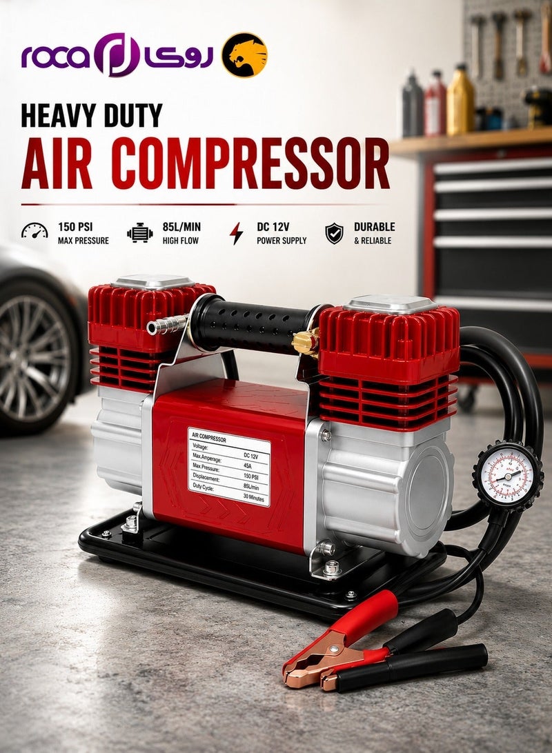 Roca Heavy Duty Dual Cylinder Car Air Compressor 150 PSI, 300 LPM | 12V Portable Tire Inflator Pump with Gauge, 50A Battery Clamps, 5m Hose, Fast Inflation for Car, SUV, 4x4, Truck, Van, Bikes, Rafts, Sports Equipment + Carry Bag - Image 1