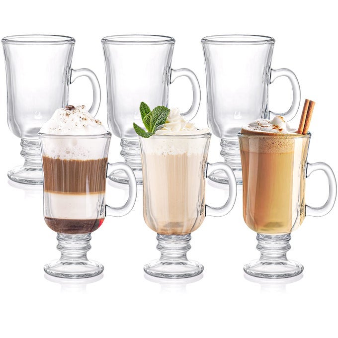 SET OF 6 IRISH COFFEE MUGS 8 OZ GLASS FOOTED ESPRESSO CUPS WITH HANDLES CLEAR GOBLET MUGS GLASSES FOR COFFEE LATTE CAPPUCCINO SMOOTHIE HOTCOLD BEVERAGES