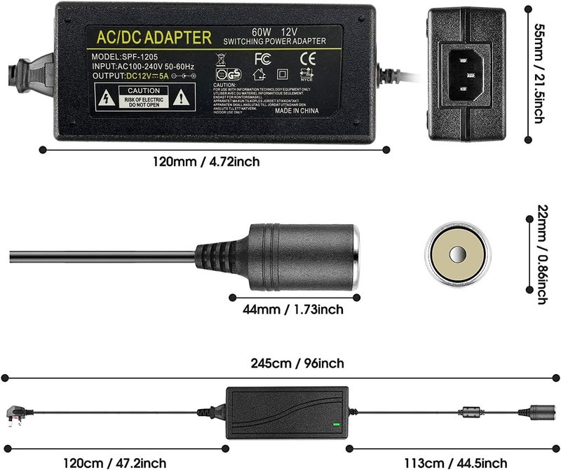 PADOM AC to DC Converter 100V ~ 240V to (12V 5A 60W) Power Supply Adapter Cigarette Lighter Socket AC/DC Transformer for Vacuum Cleaner, Refrigerator and Other Devices (12V 5A 60W) - Image 5