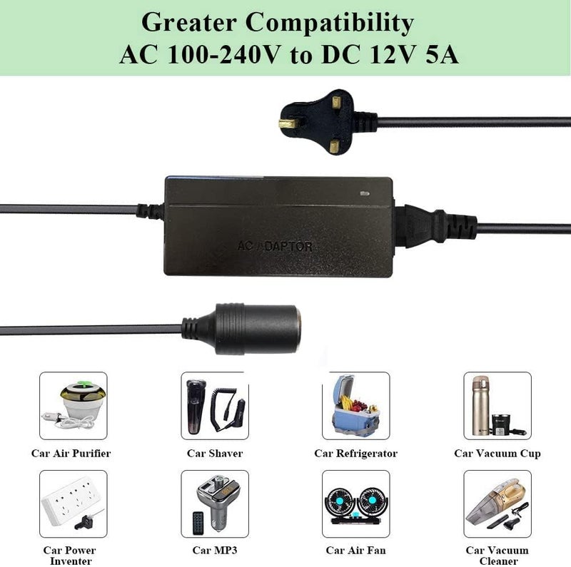PADOM AC to DC Converter 100V ~ 240V to (12V 5A 60W) Power Supply Adapter Cigarette Lighter Socket AC/DC Transformer for Vacuum Cleaner, Refrigerator and Other Devices (12V 5A 60W) - Image 2