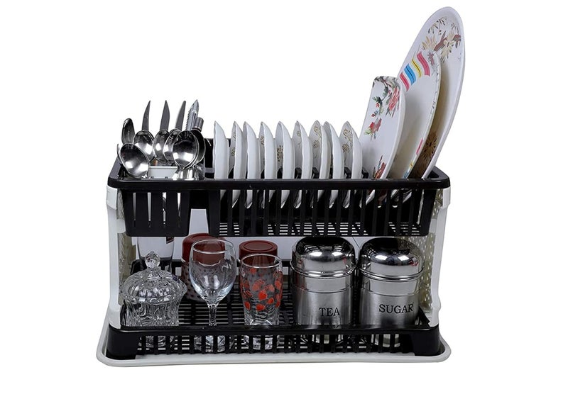 POPLEY Plastic 2 Layer Kitchen Dish Organizer Storage Rack Cutlery Utensil Fruits and Vegetable Drying Drain and Storage Stand(Black) - Image 1