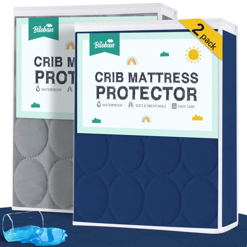Biloban Crib Mattress Protector 2 Pack, Waterproof, Durable, Grey & Navy, Absorbent, Noiseless, Fits Standard 28 x 52 x 5 Inch Mattresses - Image 1
