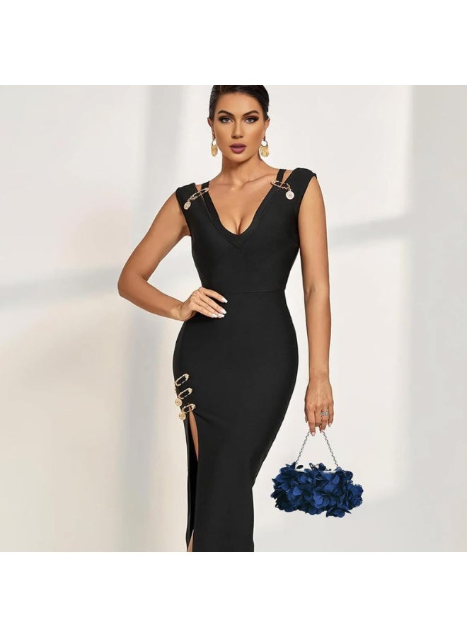 Navy Blue Floral Petal Evening Clutch Bag with Detachable Chain Straps, 3D Handcrafted Pleated Fabric Crossbody Purse - Image 5
