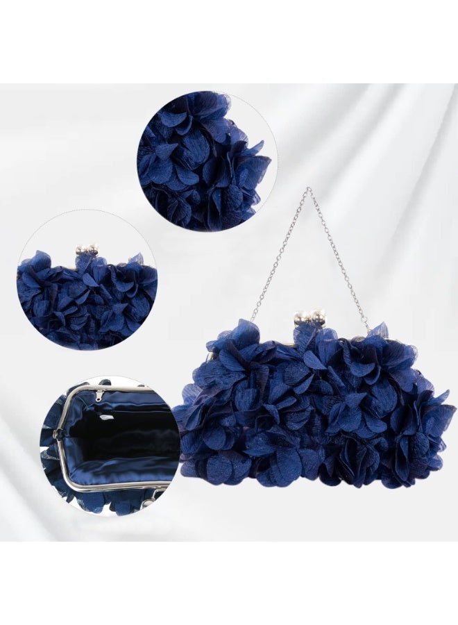 Navy Blue Floral Petal Evening Clutch Bag with Detachable Chain Straps, 3D Handcrafted Pleated Fabric Crossbody Purse - Image 2