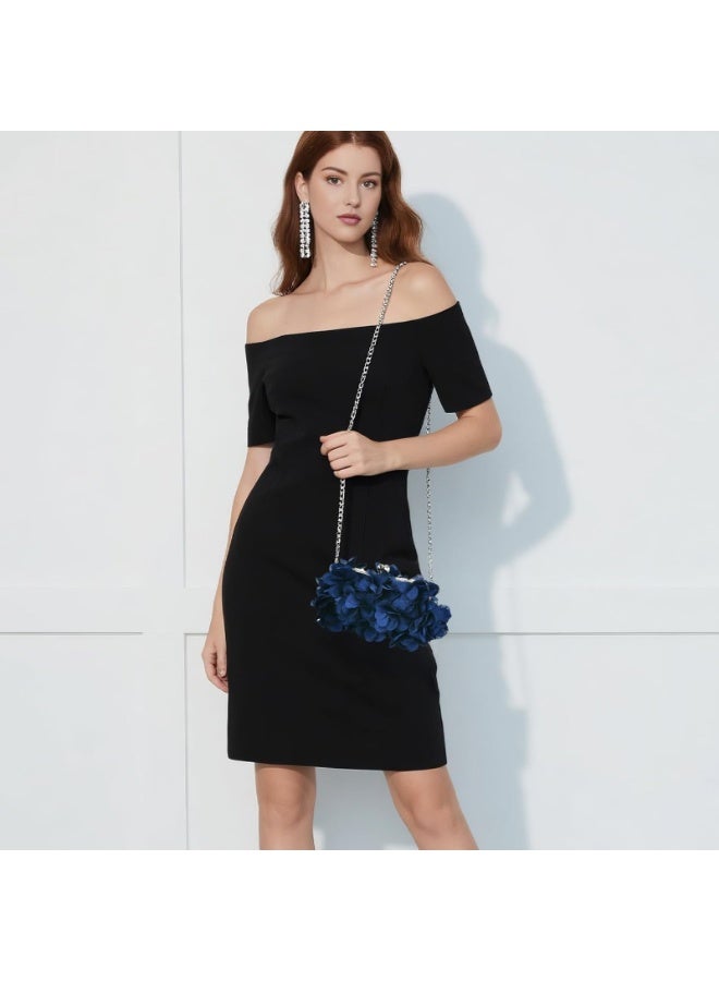 Navy Blue Floral Petal Evening Clutch Bag with Detachable Chain Straps, 3D Handcrafted Pleated Fabric Crossbody Purse - Image 4