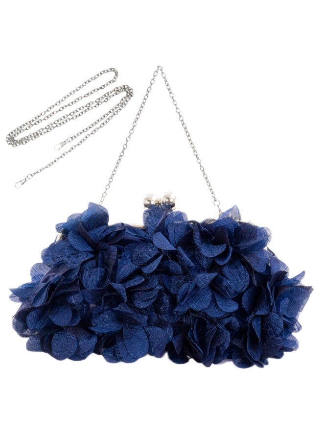 Navy Blue Floral Petal Evening Clutch Bag with Detachable Chain Straps, 3D Handcrafted Pleated Fabric Crossbody Purse - Image 1