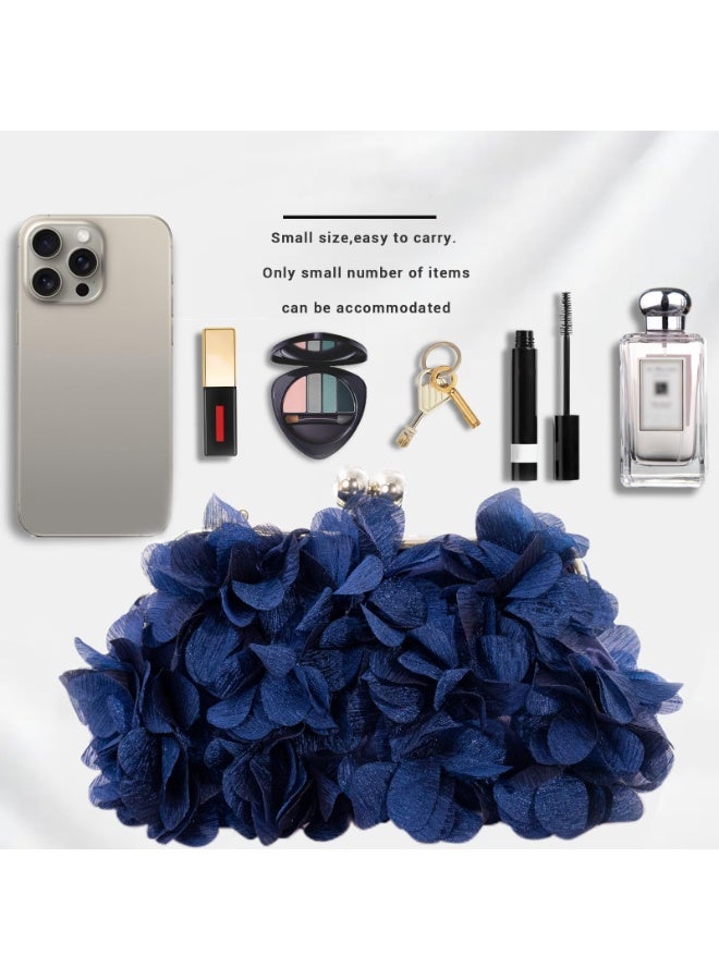 Navy Blue Floral Petal Evening Clutch Bag with Detachable Chain Straps, 3D Handcrafted Pleated Fabric Crossbody Purse - Image 3
