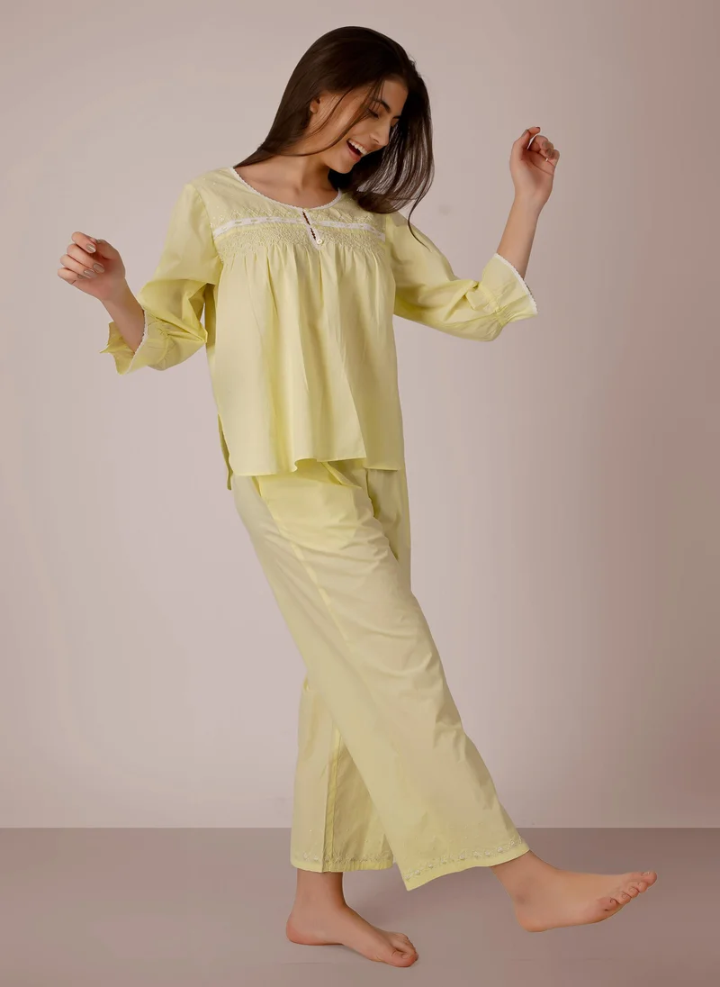 افتر دارك Ciara, Embroidered Cotton Pyjama Set with Hand-Smocking