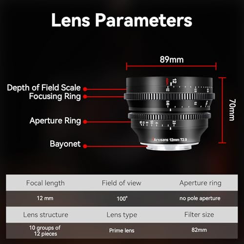 7Artisans 12mm T2.9 Large Aperture APS-C Ultra Wide Angle Cine Lens, Manual Fixed Focus Low Distortion Cinema Lens Compatible for Nikon Z Mount Z5 Z6 Z7 Z9 Z50 Z6II Z7II ZFC, Black - Image 5
