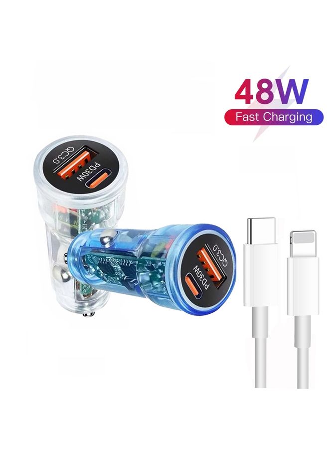 بيوينتي P35 48W PD30W + QC3.0 18W USB Transparent Car Charger with Type-C to 8 Pin Phone Data Cable(Transparent Blue) - Image 3