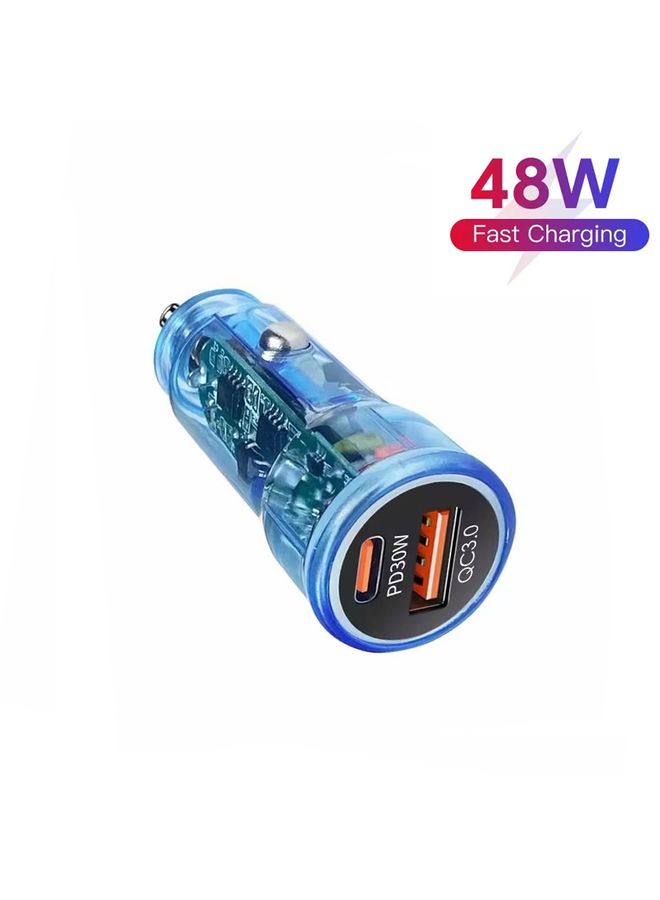 بيوينتي P35 48W PD30W + QC3.0 18W USB Transparent Car Charger with Type-C to 8 Pin Phone Data Cable(Transparent Blue) - Image 2