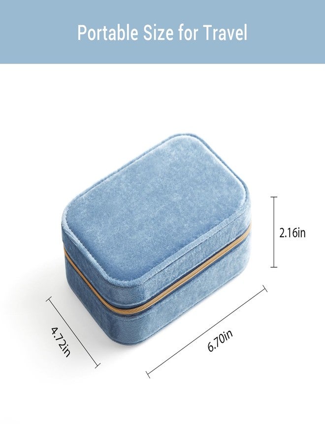 CASEGRACE Plush Velvet Travel Jewelry Box, Portable Jewelry Case for Women Girls, Double Layer Jewelry Organizer Display Box for Necklace Earring Rings Bracelet, Travel Accessory Gifts, blue - Image 3