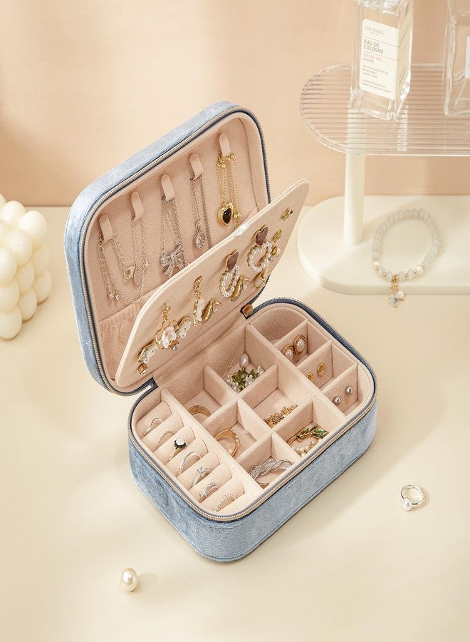 CASEGRACE Plush Velvet Travel Jewelry Box, Portable Jewelry Case for Women Girls, Double Layer Jewelry Organizer Display Box for Necklace Earring Rings Bracelet, Travel Accessory Gifts, blue - Image 2