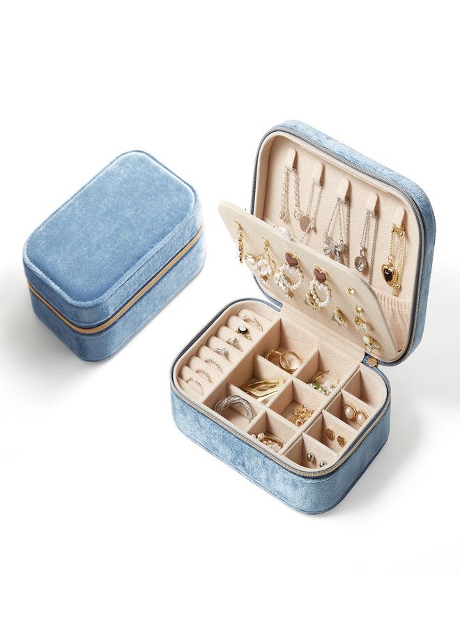 CASEGRACE Plush Velvet Travel Jewelry Box, Portable Jewelry Case for Women Girls, Double Layer Jewelry Organizer Display Box for Necklace Earring Rings Bracelet, Travel Accessory Gifts, blue - Image 1