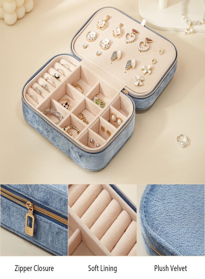 CASEGRACE Plush Velvet Travel Jewelry Box, Portable Jewelry Case for Women Girls, Double Layer Jewelry Organizer Display Box for Necklace Earring Rings Bracelet, Travel Accessory Gifts, blue - Image 5