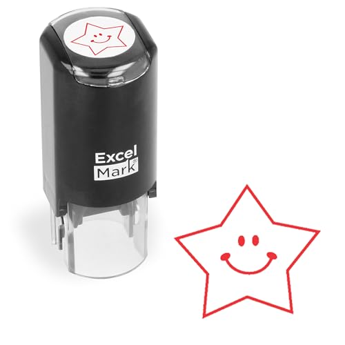 ExcelMark Round Teacher Stamp Happy Star RED Ink - Image 1