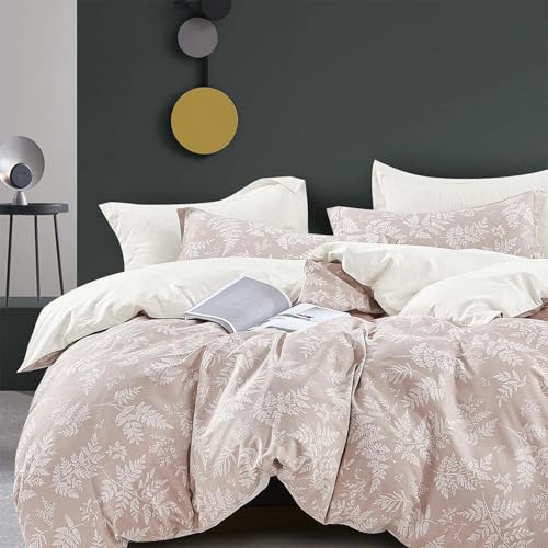 ALEISSEL 100 Natural Cotton 3pcs Queen Duvet Cover SetsDusty Pink Duvet Cover with Luxurious Off White Beige LeavesReversible Comforter Cover Sets with Button ClosureQueenBotanical - Image 1