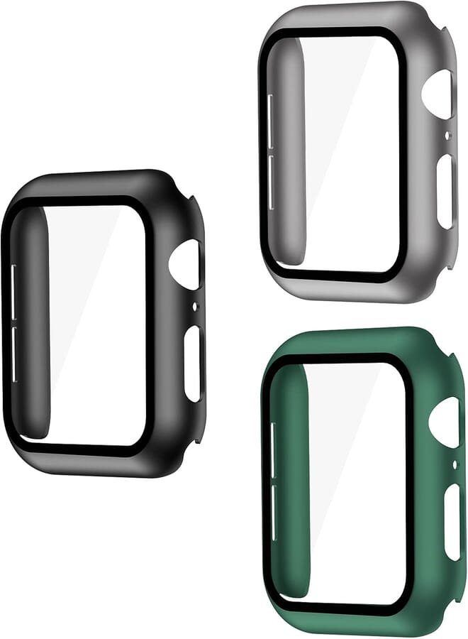 Smiling Case Compatible with Apple Watch with Built in Tempered Glass Screen Protector- All Around Hard PC Case Overall Protective Cover (44mm, Green&Grey&Black)