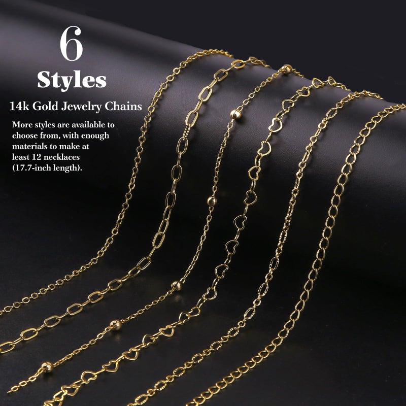 Ecoofor 14k Gold Necklace Chains for Jewelry Making, Total 20 Feet 6 Rolls Bracelet Chains for DIY, 3.3 Feet Each Style, 14K Gold Plated Chain with Jump Rings/Lobster Clasps/Connectors - Image 2