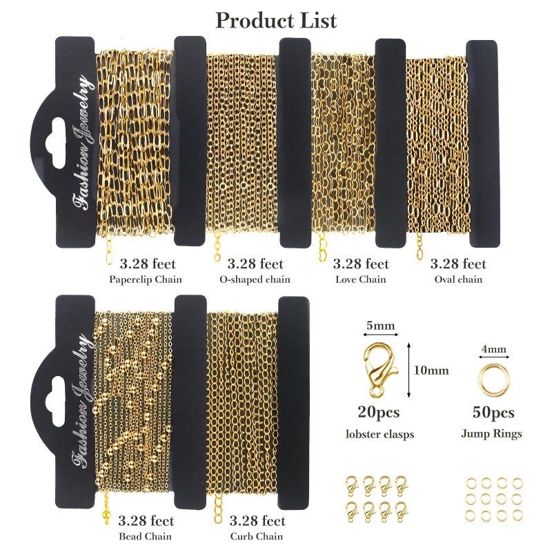 Ecoofor 14k Gold Necklace Chains for Jewelry Making, Total 20 Feet 6 Rolls Bracelet Chains for DIY, 3.3 Feet Each Style, 14K Gold Plated Chain with Jump Rings/Lobster Clasps/Connectors - Image 4